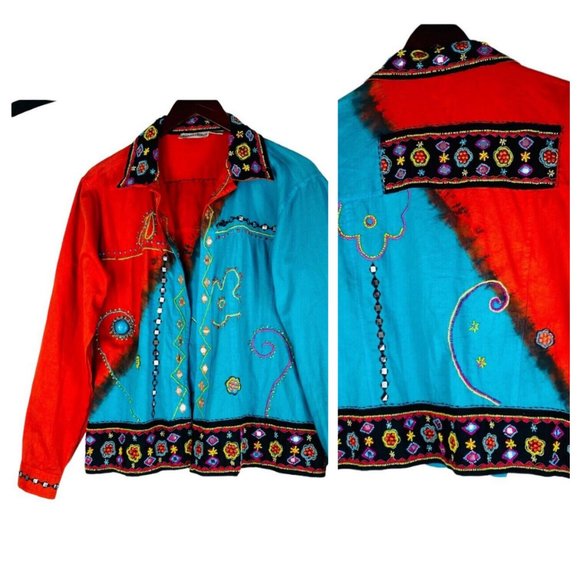 Vtg Y2K S Collection Shirt Jacket Small Western Rodeo Beaded Cowgirl Tie Dye - Picture 1 of 8